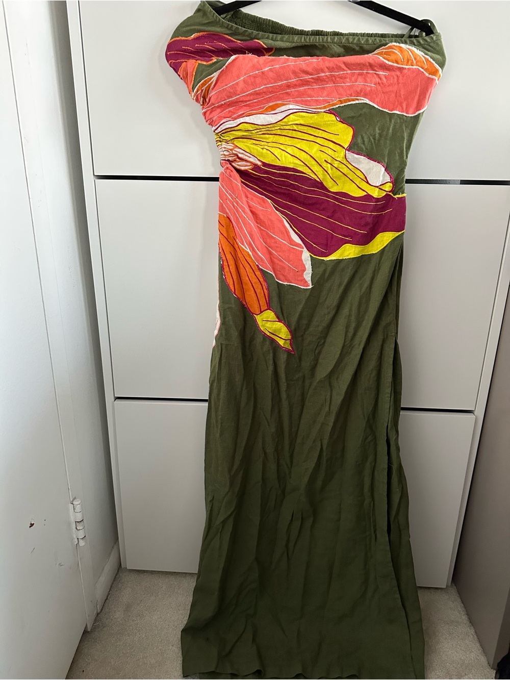 Anthropologie Celandine Olive Green Strapless Dress with Bold Floral Print